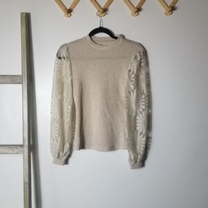 WOMEN'S LONG SLEEVE TAN WITH LACE SLEEVES BLOUSE SIZE SMALL